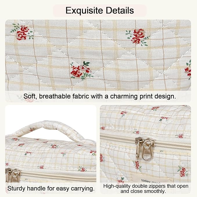 3Pcs Cotton Quilted Makeup Bag for Women Girls, Large Floral Cosmetic Bag Set Cute Makeup Brushes Aesthetic Accessories Storage Bag Flower Travel Toiletry Bag Organizer