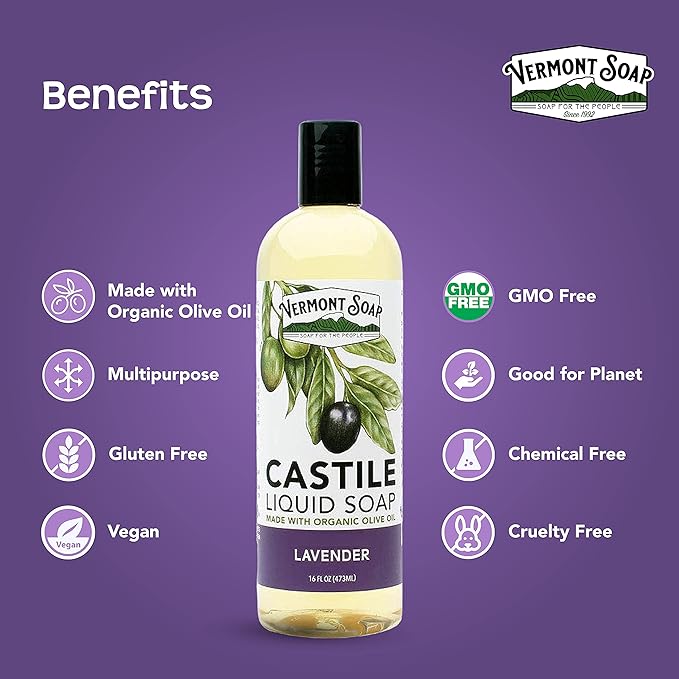 Vermont Castile Soap Lavender, Gentle Liquid Soap for Sensitive Skin & Natural Body Wash, Organic Hair Shampoo for Oily Hair, Aloe Castile Soap for Men & Women - 16 Oz