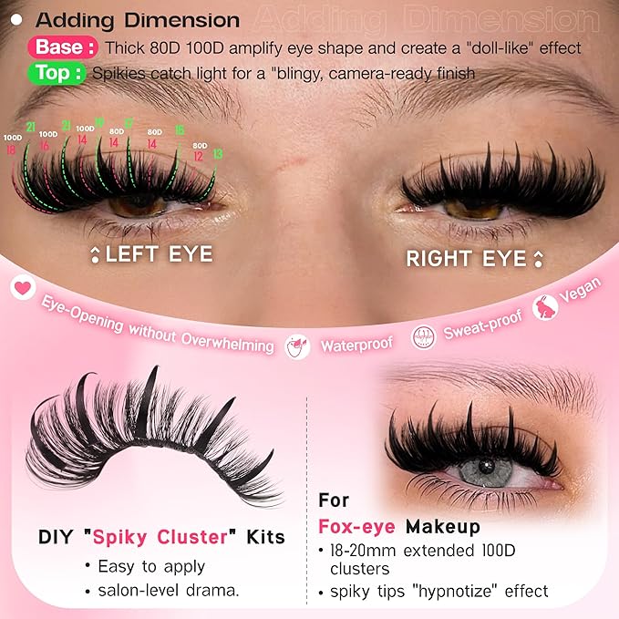 Lash Clusters With Spikes Eyelash Extensions 295Pcs DIY Salon-Level Spiky Lashes Cluster Individuals 80D 100D Cluster Eyelash Extensions D Curl 12-20MM