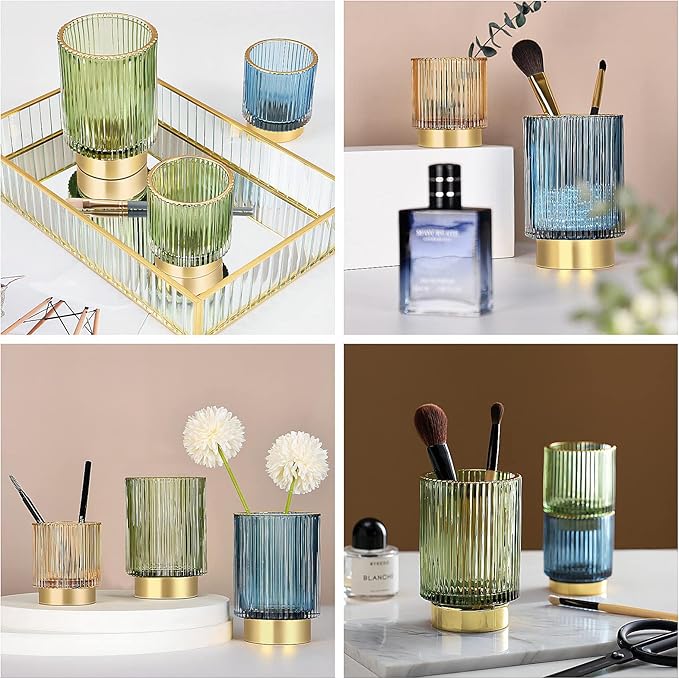 DASITON Makeup Brush holder Organizer,Crystal Cosmetic Makeup Brush Glass Brushes Storage Holder, Vintage Make Up Brush Cup Pen Pencil Holder striped vase(Green L)