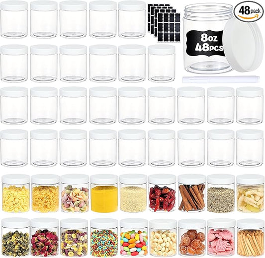48 PCS 8 OZ Plastic Jars with Screw On Lids, Pen and Labels Refillable Empty Round Slime Cosmetics Containers for Storing Dry Food, Makeup, Slime, Honey Jam, Cream, Butter, Lotion, White