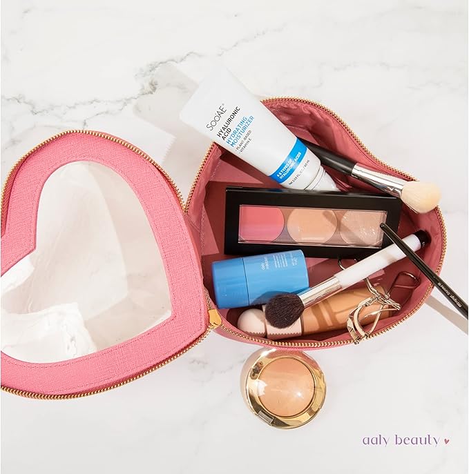 Heart Makeup Bag – Pink Heart Cosmetic Bag with Clear Cover – Gift Ideas for Women, Mom, Girlfriends, Her - Large Capacity for Full Size Makeup, Skincare and Brushes