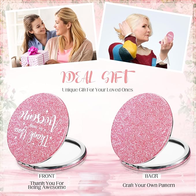 Thyle 24 Pcs Pink Inspirational Compact Mirror Gifts for Women Thank You for Being Awesome Travel Bling Pocket Mirror Bulk Double Sided for Mother's Day Employee Coworker Birthday Female Gifts