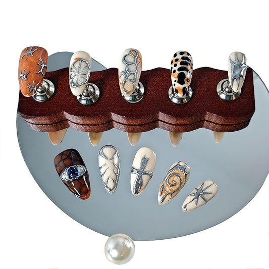 Almond Press on Nails Handmade Medium Long/Stiletto 3D Flower Fake Nail with Designs, Women Reusable False Nails (Brown Beige, S)