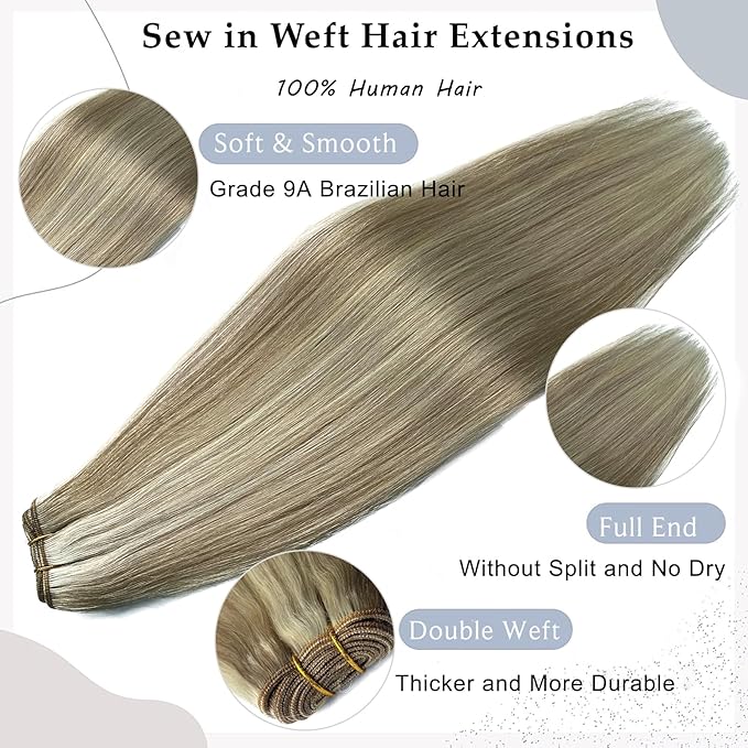 Sew in Hair Extensions Real Human Hair Ash Blonde Balayage Blonde Hand Tied Weft Hair Extensions Human Hair Bundles 14 Inch 80G Sew in Weft Hair Extensions Human Hair Weave Sew in Weft Extensions