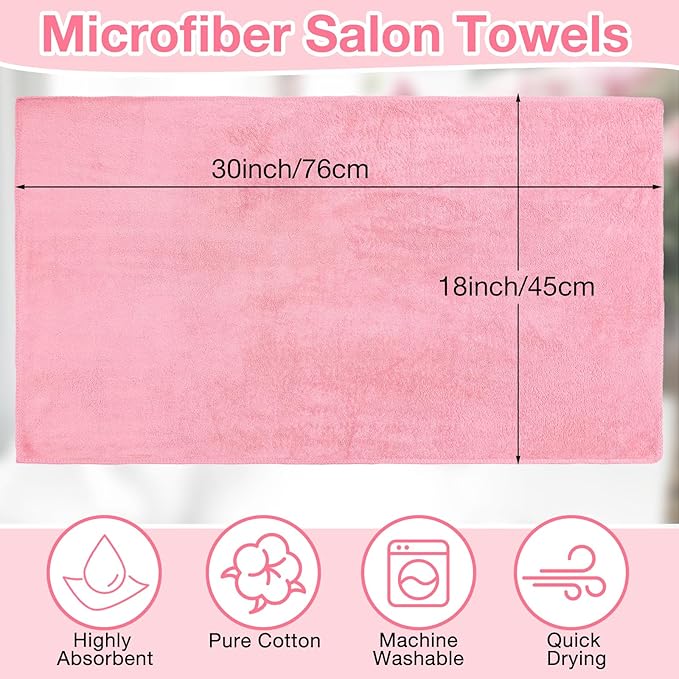 Newwiee 72 Pack Microfiber Bleach Proof Towels Bulk for Salon 18 x 30 Inch Dry Lint Free Hair Drying Hand Towels for Hair, Gym, Bath, Spa, Shaving, Barber(Pink)