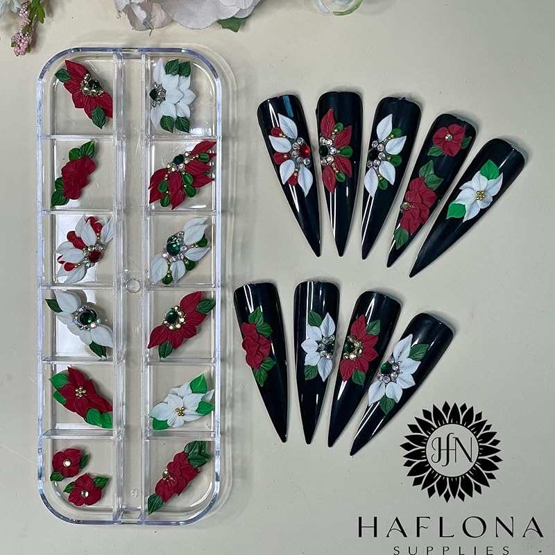 Set 24Pcs 3D Acrylic Christmas Flowers Nail Art Charms Handmade by Acrylic Powder - HaFlona Flower Nails, Nail Salon Deco For Women (Chirstmas Flower 24#)