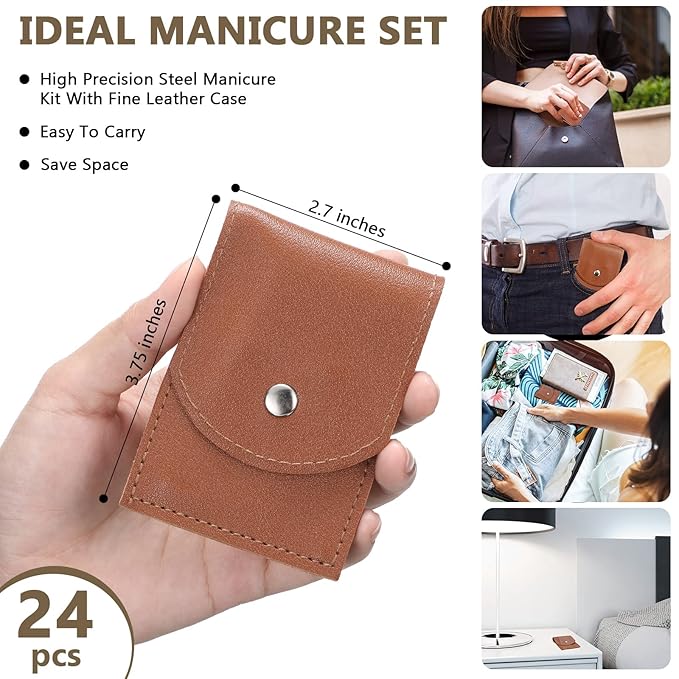 Lasnten 24 Set Manicure Set Bulk Nail Clippers Grooming Nail Kit Stainless Steel Professional Pedicure Kit Pedicure Tools with Travel Case Gifts for Men Women Personal(4 in 1,Brown)