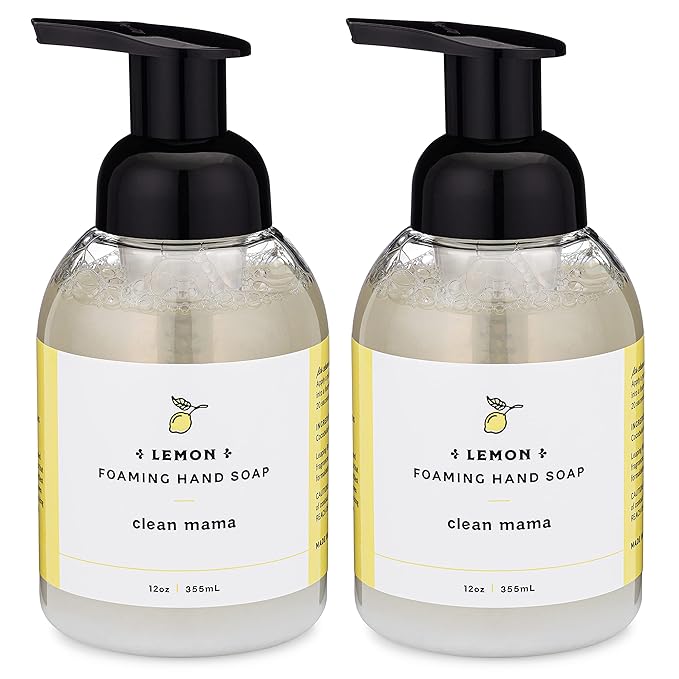 CLEAN MAMA Plant-Derived Foaming Hand Soap - Aromatic and Nourishing Hand Wash, Natural Essential Oils Infused - USDA Certified Biobased - 12 Ounce, Lemon, 2 Pack