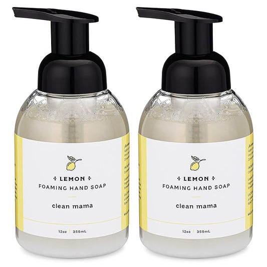 CLEAN MAMA Plant-Derived Foaming Hand Soap - Aromatic and Nourishing Hand Wash, Natural Essential Oils Infused - USDA Certified Biobased - 12 Ounce, Lemon, 2 Pack