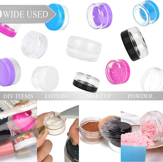 25PCS 3 Gram Sample Containers, 3ml Empty Jars with Lids, Small Cosmetic Containers, Mini Sample Jars with 2PCS Mini Spatulas for Make Up, Oils, Lotion, Powder, Paint, Jewelry, Lip Balms(Purple Lid)