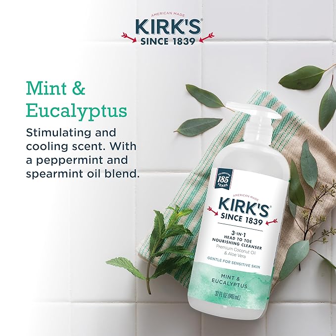 Kirk's 3-in-1 Head to Toe Nourishing Liquid Cleanser - for Men, Women, & Children - Premium Coconut Oil & Aloe Vera - Non GMO & Vegan - Mint and Eucalyptus - 32 Fl Oz.