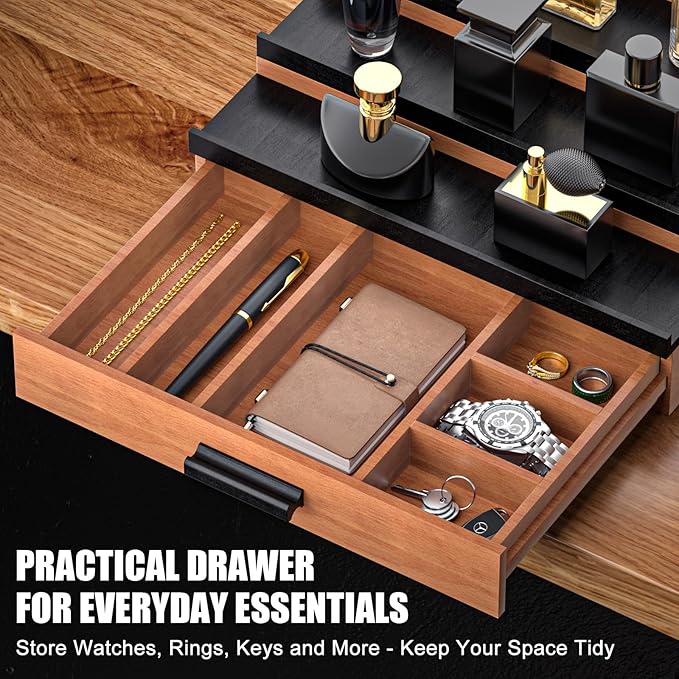 Sephyroth Cologne Organizer for Men – 4 Tier Perfume Display with Hidden Storage & Drawer, Elegant Perfume Storage Box, Durable Craftsmanship, Great Gift for Man (WalnutBlack)