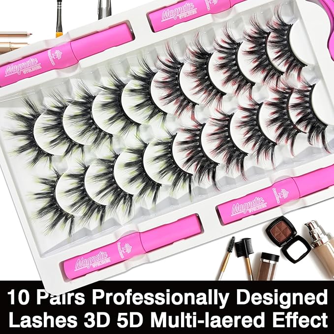 Color Magnetic Eyelashes Colored Eyelashes for Halloween Party Cosplay Makeup Kit,MIX 2 Style 10 Pairs Magnetic Lashes with Eyeliner, Wispy Cat-Eye Look 18-23MM Fake Eyelash Cruelty-Free & Vegan