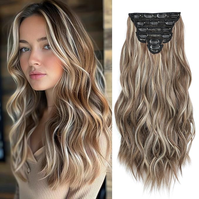 Clip in Hair Extensions for Women - 20 Inch Long Wavy Brown Extensions, 6PCS Chocolate Brown & Ash Blonde Hairpieces that Blend Naturally with Your Real Hair (20 Inch, Chocolate Brown & Ash Blonde)