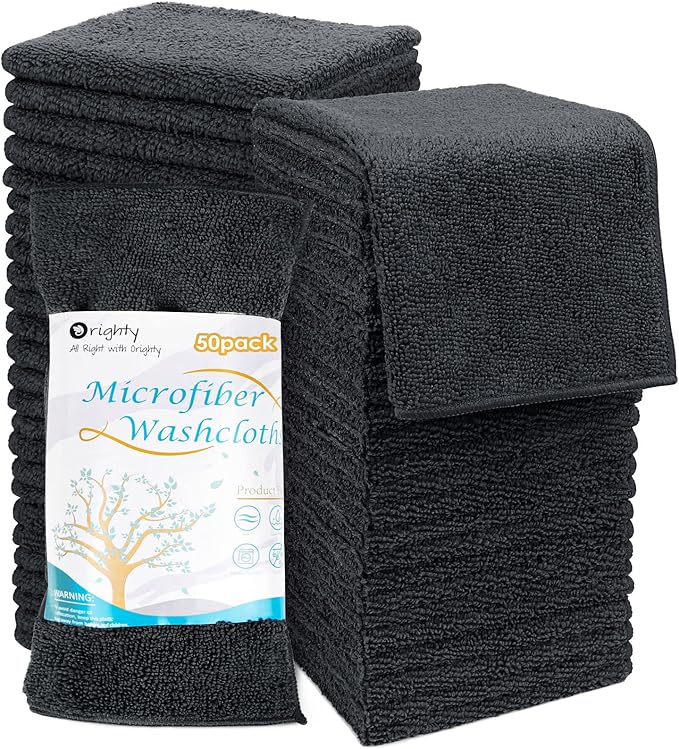 Orighty Washcloths Bulk Towels Set 50 Pack, Highly Absorbent and Super Soft Microfiber Fingertip Towels, Multi-Purpose Wash Cloths for Bathroom, Hotel, Spa, and Gym, 12x12 Inch, Black