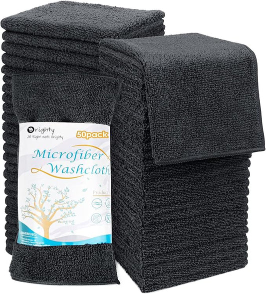 Orighty Washcloths Bulk Towels Set 50 Pack, Highly Absorbent and Super Soft Microfiber Fingertip Towels, Multi-Purpose Wash Cloths for Bathroom, Hotel, Spa, and Gym, 12x12 Inch, Black