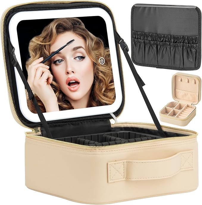 Makeup Travel Train Case with Mirror LED Light 3 Adjustable Brightness Cosmetic Bag Portable Storage Adjustable Partition Waterproof Makeup Brushes Makeup Jewelry Gift for Women (Beige)