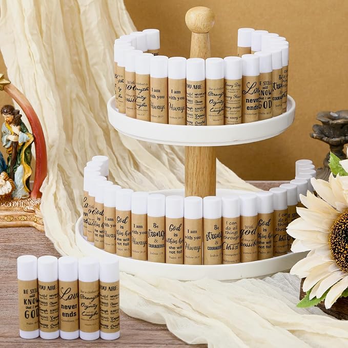 50 Pack Religious Lip Balm for Women Lip Balm with Scripture Bulk Christian Gifts Faith Bible Verse Scripture Inspirational Gift Party Favors Coworkers 10 Styles(Rustic)