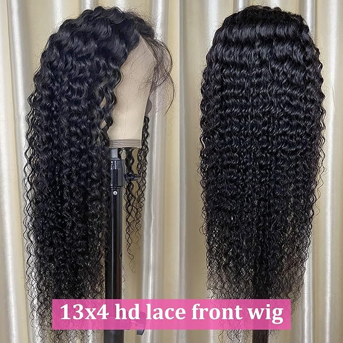 13x4 Curly HD Lace Front Wigs Human Hair Pre-plukced,180 Density HD Long Curly Human Hair Wigs for Black Women 10A Grade Glueless Unprocessed Virgin Deep Curly Hair Lace Frontal Wigs 28Inch