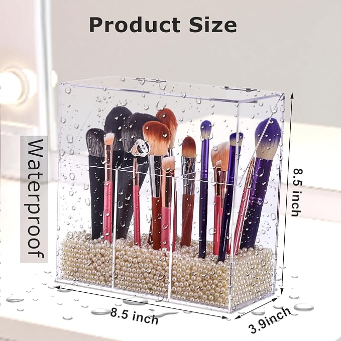 Acrylic Makeup Brush Holder with Lid - Clear Cosmetic Makeup Brush Organizer and Storage Box with Cover for Vanity - Large Capacity 3-Slots Container for Brushes (Clear)