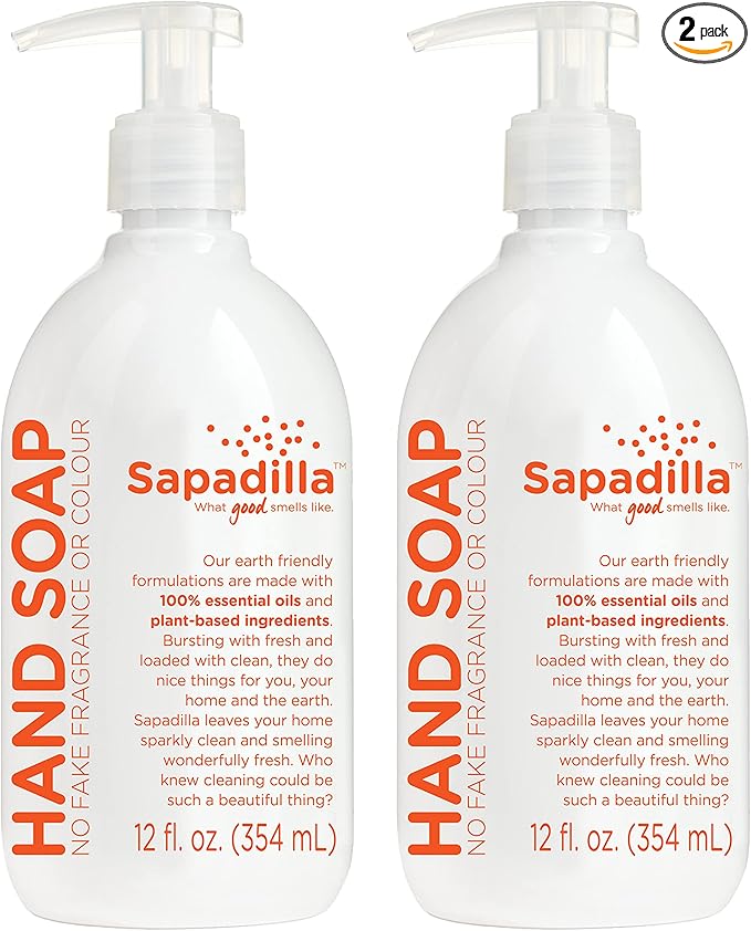 Sapadilla Liquid Hand Soap - Grapefruit + Bergamot - Made with 100% Pure Essential Oil Blends, Cleansing & Moisturizing, Aromatic & Fragrant Hand Soap, Plant Based, Biodegradable, 12 Ounce (Pack of 2)