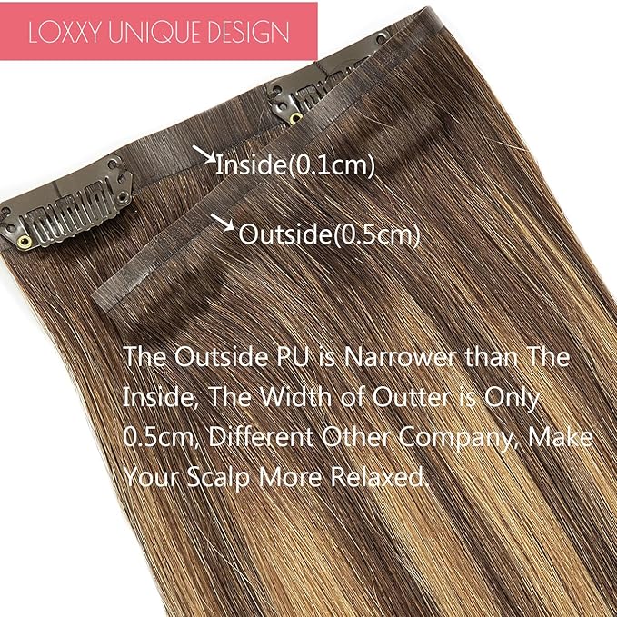 Seamless Clip in Remy Hair Extensions Human Hair Invisible PU Skin Weft Ombre Chocolate Brown to Caramel Blonde With Brown Roots Clip in Hair Extensions Thick Natural Hair 18inch 110gram 7pcs #R4-4/27