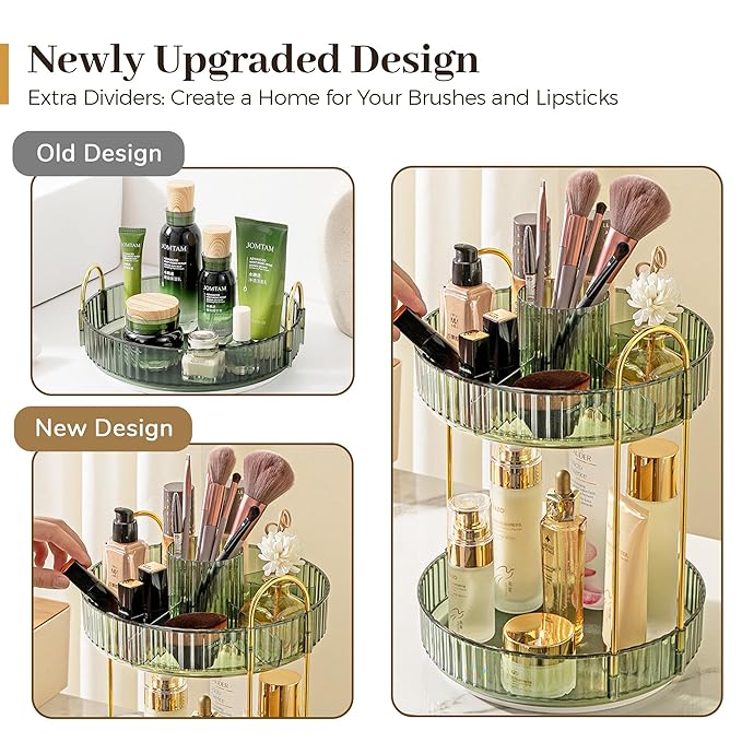 Aveniee Rotating Makeup Organizer for Vanity, Upagraded Perfume Skincare Bathroom Counter Organizers with Brush Divider, 2 Tier Spinning Lipstick Cosmetic Lotion Storage(Green)