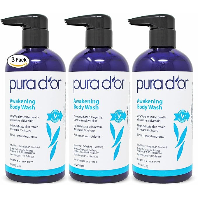 PURA D'OR Awakening Body Wash (16oz x3 = 48oz) Aloe Vera, Chamomile, Lavender, Tea Tree for Invigorating Earthy Scent, pH Balanced for Moisturized Soft, Fresh-Feeling Skin, All Skin Types, Men & Women