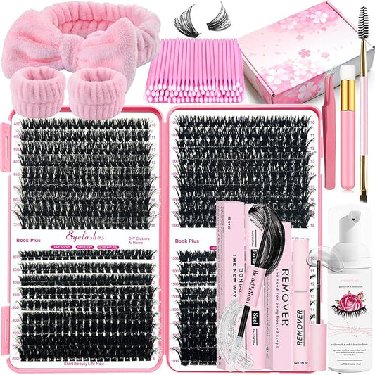 DIY Fluffy Lash Extension Kit 630Pcs 10-18mm D Curl Lashes Clusters with Lash Bond and Seal Glue Remover Lash Shampoo Cleansing Brush Headband Wristband Tweezers Eyelash Brush Applicator