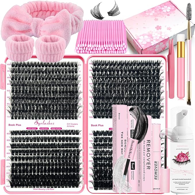 DIY Fluffy Lash Extension Kit 630Pcs 10-18mm D Curl Lashes Clusters with Lash Bond and Seal Glue Remover Lash Shampoo Cleansing Brush Headband Wristband Tweezers Eyelash Brush Applicator
