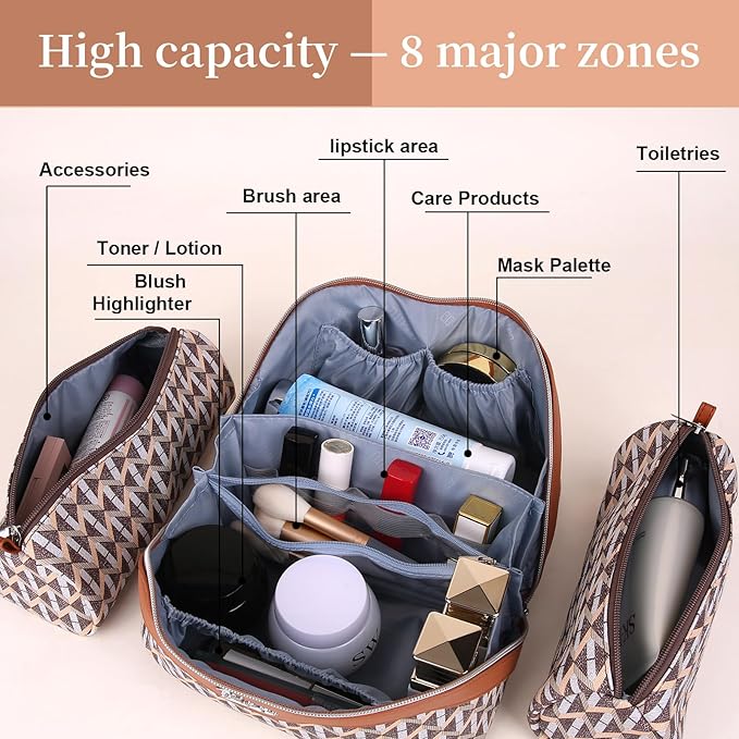BOYATU Travel Makeup Bags for Women: Large Capacity Cosmetic Bag Set of 3 - Vegan Leather Make up Bags with Compartments - Wide Open Waterproof Toiletry Organizer Bag with Handle (E-05-Brown)