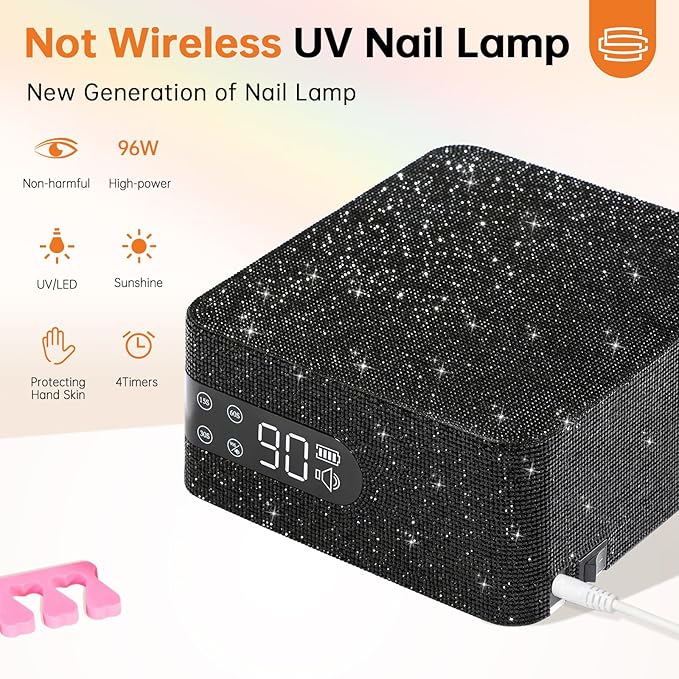 UV LED 96W Nail Lamp Professional Salon Nail Dryer Sparkly Gel Polish Light with 4 Timer Setting Quick Dry Curing Lamp with LCD Display Touch Screen Auto Sensor Home Black Diamond Rhinestone