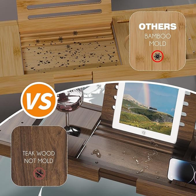 Teak Bathtub Tray, Bath Tray for Tub Bathroom Expandable Wood Bath Rack Across Tub Teak, as Unique Housewarming, Holiday, Birthday Gifts