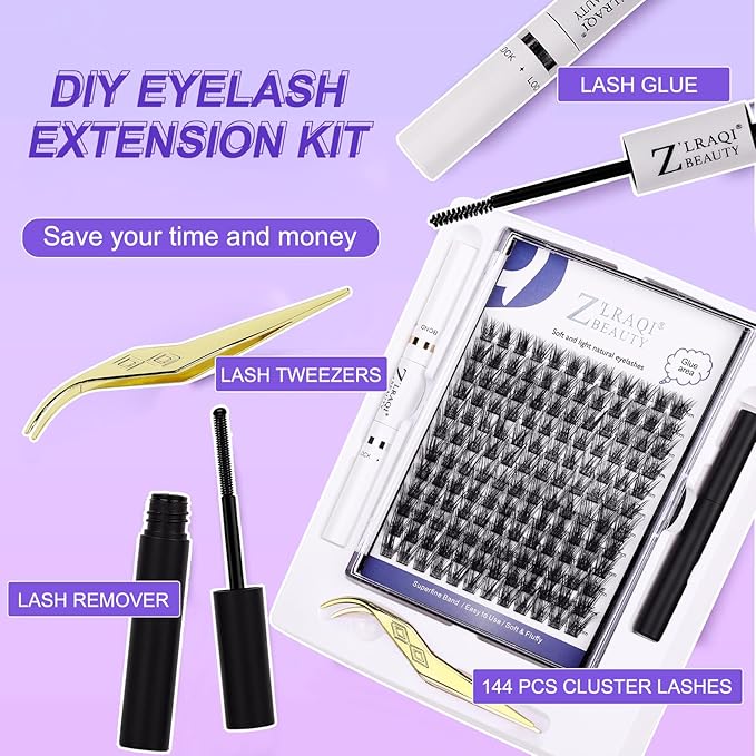 144PCS C Curl Natural Lashes Kit - Wispy Cluster Extensions for DIY, 10-16mm Lengths, Includes Lash Bond & Remover + Tweezers