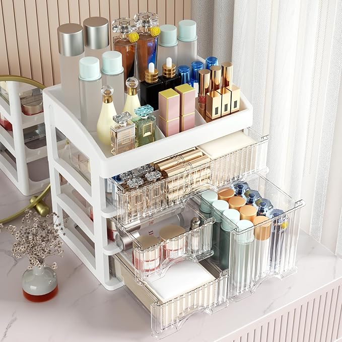 Large Makeup Organizer for Counter With 4 Drawers Cosmetic Organizer Countertop Make up Organizers for Vanity White Makeup Skincare organizers Storage Box