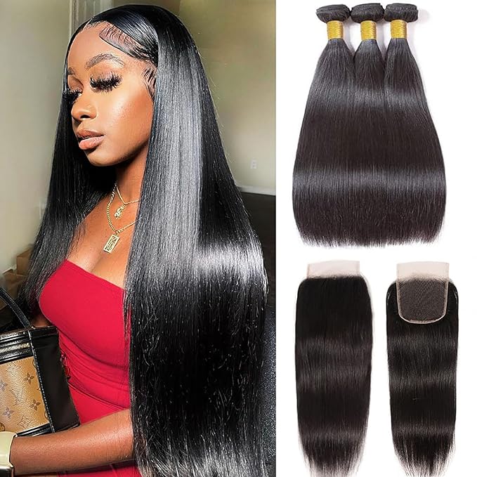 10A Straight Bundles with Closure 14 16 18 with 12 Inch 100% Unprocessed Brazilian Virgin Human Hair Weave 3 Bundles with 4x4 HD Lace Closure