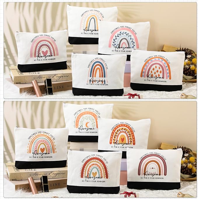 Sieral 30 Pcs Rainbow Canvas Makeup Bags Bulk Employee Appreciation Gifts Graduation Inspirational Cosmetic Bags Thank You Gifts for Teacher Secretary Coworker Volunteer Nurse(Cute)