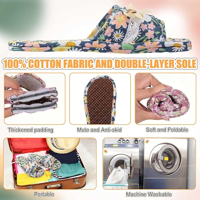 Chuarry 10 Pairs Floral Cotton House Slippers for Guest Women Washable Indoor Cotton Slippers Open Toe for Hotel Travel Airplane Spa, 2 Sizes