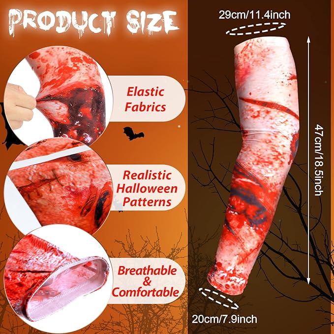 Eurzom 4 Pairs Zombie Bite Party Sleeves Halloween Arm Temporary Tattoo Sleeves Set for Women Scar Men Tattoo Covers