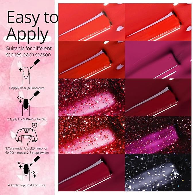UR SUGAR Red Gel Nail Polish Set, 10 Colors Red Collection Gel Polish Glitter Red Dark Red Burgundy Red Bloody Red Gel Polish Set for All Seasons Soak Off Gel Nail Manicure Gifts Set for Women
