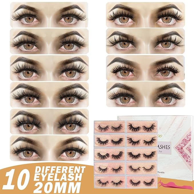GOO GOO Mink Eyelashes, Daily Type 3D Mink Eyelashes 16mm to 20mm 10 Styles Multipack Natural Layered Effect, Hand Made Strips Fake Eyelashes 100% Real Siberian Luxury Reusable False Eyelashes