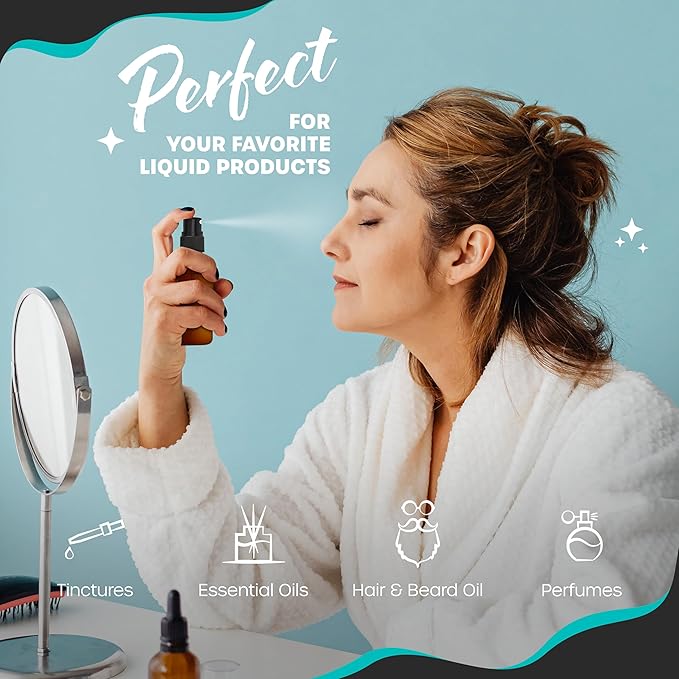 Nevlers 1oz Amber Glass Spray Bottles for Essential Oils 48 Pack | Ultra Fine Mist Spray Bottle for Face, Hair & Body | Travel Perfume Atomizer Set with Shrink Wrap, Labels, Marker, Funnel & Brush