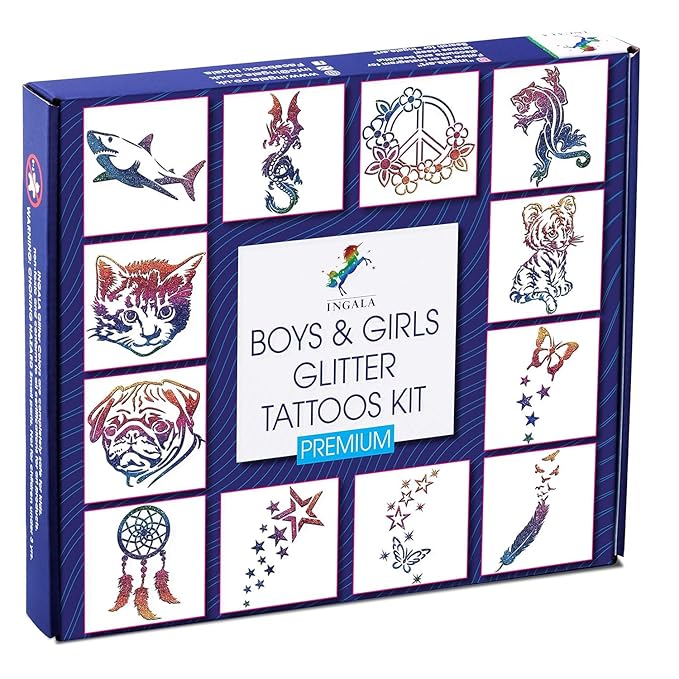 Premium Glitter Temporary Tattoo Kit for Boys and Girls, 74 Stencils, 16 Colors and 2X 0.5 fl.oz Body Glue for Body Glitter Fake Tattoos for Kids Makeup Tattoo Supplies Party Favors Party Supplies
