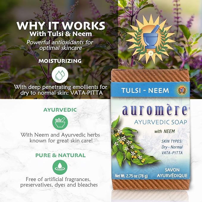 Auromere Ayurvedic Bar Soap, Tulsi Neem - Eco Friendly, Handmade, Vegan, Cruelty Free, Natural, Non GMO (2.75 oz), 5 pack