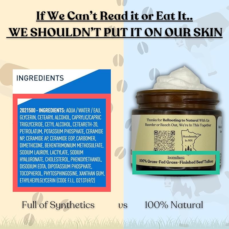 Handmade NAKED TALLOW BALM | 1 Ingredient - 100% Grass Fed Tallow | Whole Body & Face | Whipped & UNSCENTED for Sensititve Dry Skin, Babies, Eczema, Psoriasis, Rosacea (2oz)