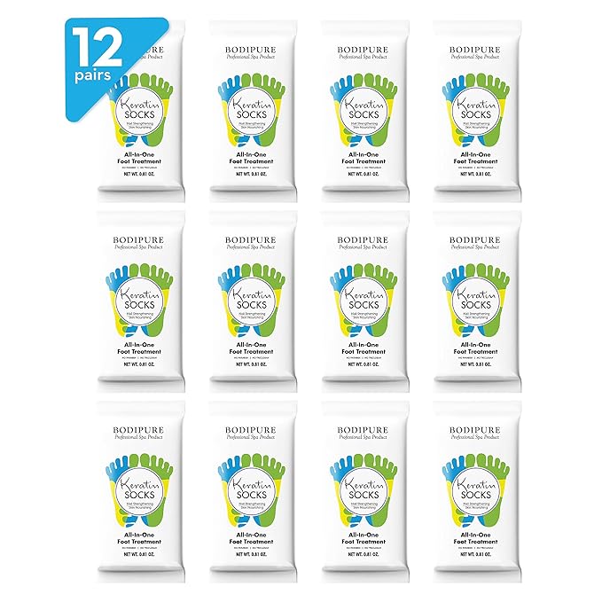 Bodipure All-In-1 Moisturizing Foot Mask, Keratin & Vitamin E Foot Mask for Dry Cracked Feet, Callus & Heel Softening, Easy-to-Use Pedicure Foot Repair, Chemical-free Feet Treatment 12 Pairs