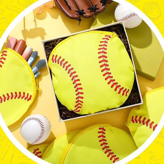 Reginary 12 Pcs Softball Makeup Bags Team Gift Round Sport Cosmetic Bags Canvas Softball Pouch Portable Makeup Pouch Travel Organizer for Women Men Team Player Travel