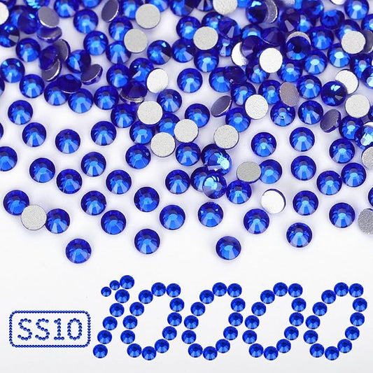 10000PCS Royal Blue Rhinestones Bulk, Flat Back Crystal Glass Stone Round Gems,SS10, 2.7-2.9mm