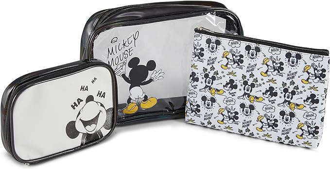 Mickey Mouse Cosmetic Case Set - Officially Licensed Mickey and Minnie Mouse Travel Cosmetic Case 3 Piece Set - Girls, Boys, Teens, Adults (Black Mickey)
